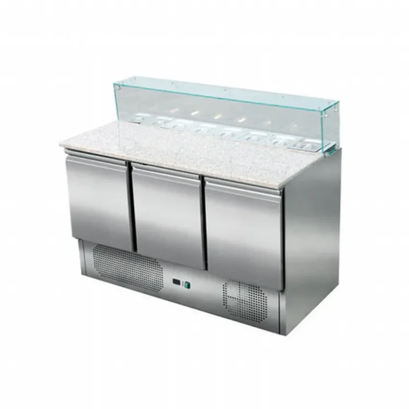 Commande En Gros Saladette professionnel 3 portes 368 l avec plan de travail en granit et emplacement pour gn 1/6 x8 avec vitre