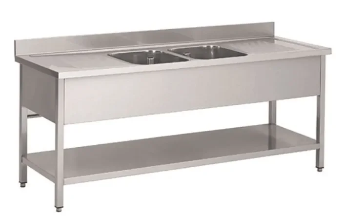 Plonge professionnel en inox 2 bacs au centre 2000x700x850+100mm Acheter En Ligne