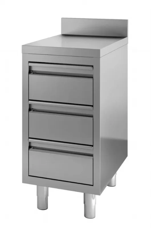 Meuble bas table de travail inox adossée avec trois tiroirs 455x800x900 Soldes