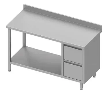 Table de travail inox adossée avec deux tiroirsà droite avec étagère 1500x600x900 Bon Marché