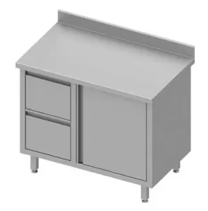 Meuble bas table de travail inox adossée avec deux tiroirsà gauche portes battantes 900x600x900 Seulement Aujourd’hui