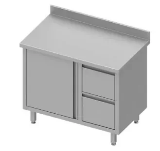 Retour Gratuit Meuble bas table de travail inox adossée avec deux tiroirsà droite portes battantes 800x600x900