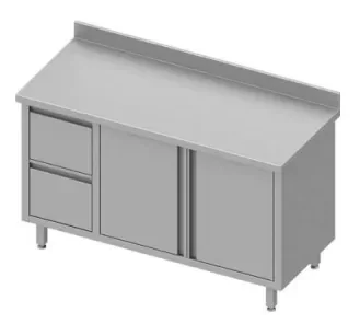 Seulement Aujourd’hui Meuble bas table de travail inox adossée avec deux tiroirsà gauche portes battantes 1800x600x900