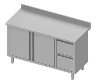 Produit De Marque Meuble bas table de travail inox adossée avec deux tiroirsà droite portes battantes 1300x600x900