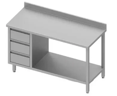 Table inox de travail adossée avec trois tiroirsà gauche avec étagère 1500x800x900 Vente Flash