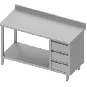 Vente Flash Table inox de travail adossée avec trois tiroirsà droite avec étagère 1300x600x900