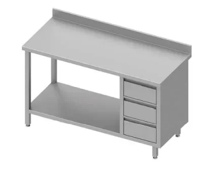 Table inox de travail adossée avec trois tiroirsà droite avec étagère 1600x800x900 Achat Immédiat