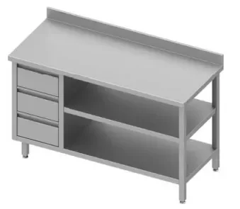 Commander Vite Table inox de travail adossée avec trois tiroirsà gauche et deux étagères 1300x800x900
