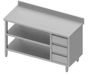 Commande En Gros Table inox de travail adossée avec trois tiroirsà droite et deux étagères 900x800x900