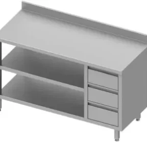 Vente Flash Table inox de travail adossée avec trois tiroirsà droite et deux étagères 1400x800x900