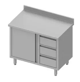 Bon Marché Meuble bas inox de travail adossée avec trois tiroirsà droite portes battantes 800x800x900