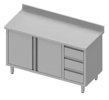 Meuble bas inox de travail adossée avec trois tiroirsà droite portes battantes 1300x700x900 Satisfait Ou Remboursé