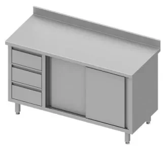 Remise Meuble bas inox de travail adossée avec trois tiroirsà gauche portes coulissantes 1600x600x900
