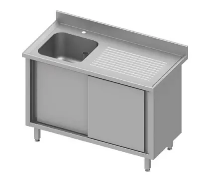 Plonge sur armoire inox adossée avec 1 bacà gauche portes coulissantes 1300x700x900 Produit De Marque