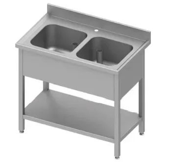 Plonge inox sans egoutoire adossée avec 2 bacs avec étagère 1000x600x900 à monter Réduction