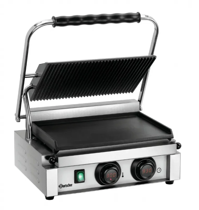 Nouveauté Grill de contact pour panini rainuré et lisse avec minuterie et affichage numérique - 410x400x200 mm