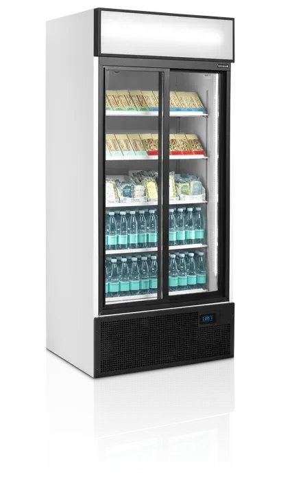 Vitrine réfrigérée blanche avec 2 portes vitrées coulissantes - 890x740x1990 mm Promotion Saisonnière