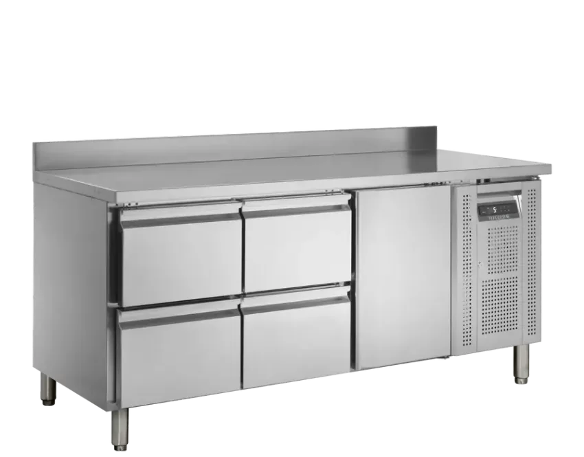 Bon Marché Table desserte réfrigérée inox 1 porte 4 tiroirs avec dosseret 417 l