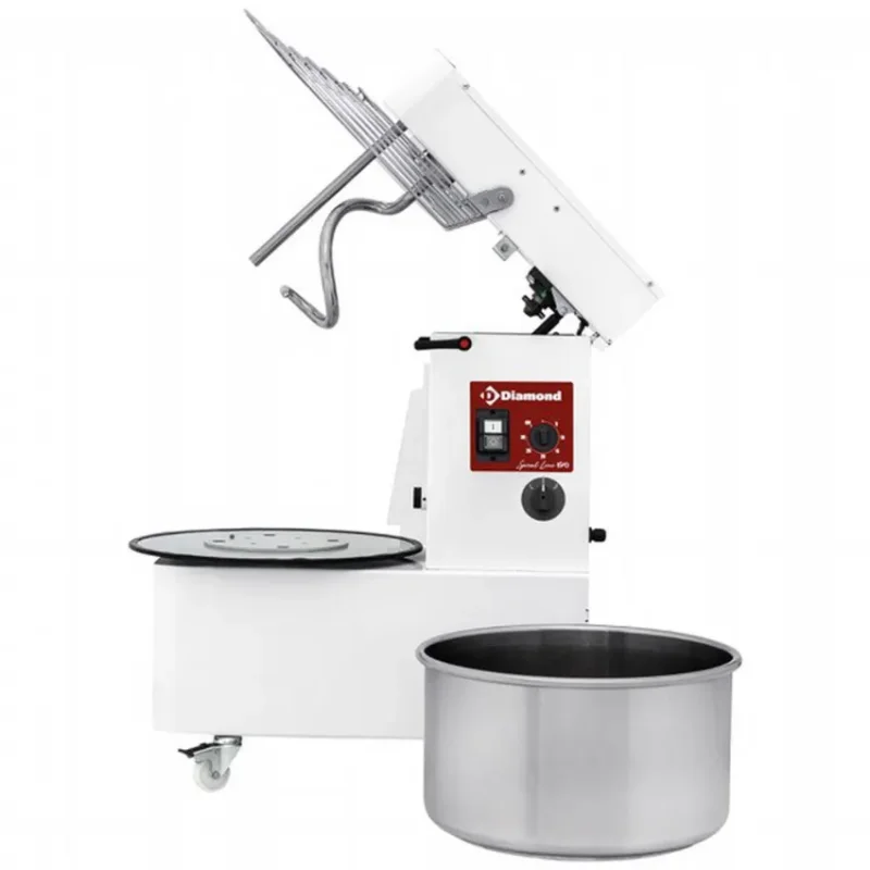 Pétrin à spirale 53 litres tête relevable cuve amovible 2 vitesses avec timer sur roues Vente Flash