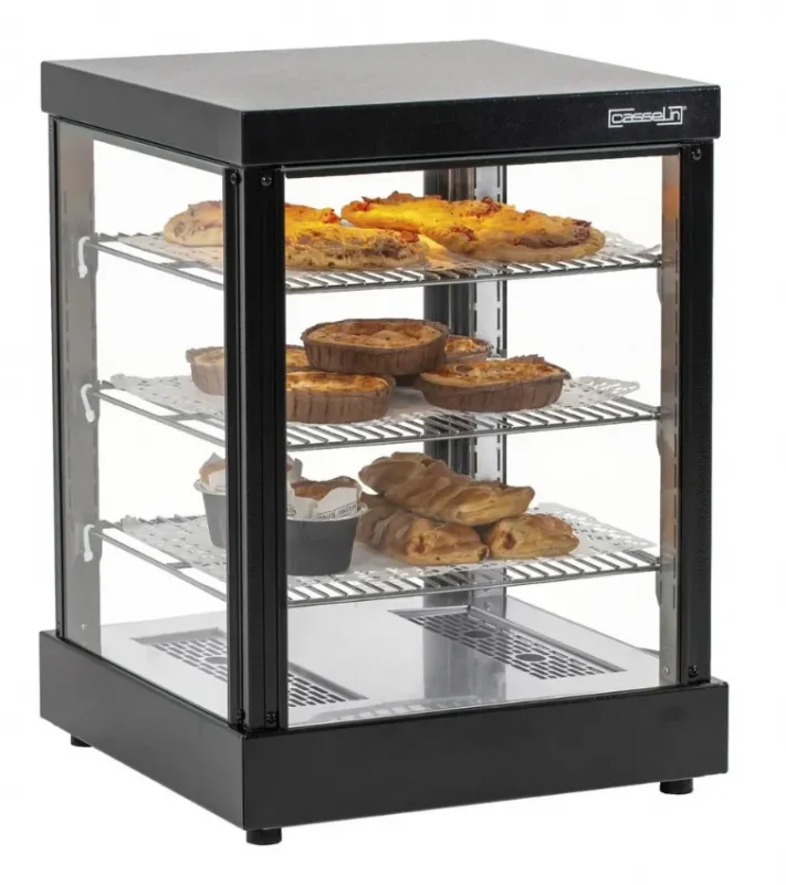 Satisfait Ou Remboursé Vitrine chauffante noire vitrée 3 étagères réglables avec capacité 59 l température 30 à 85°c
