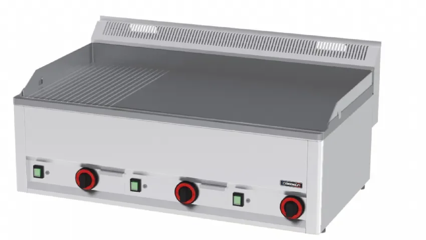 Plaque à snacker triphasée fonte d'acier rainurée 1/3 et lisse 2/3 - avec 9 000 w Soldes