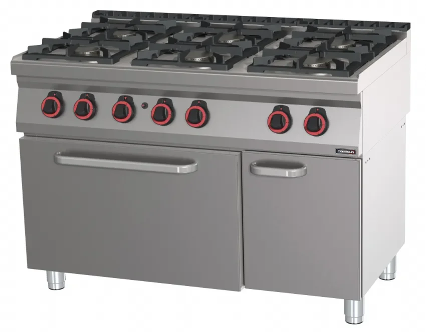 Fourneau gaz 6 feux 4 x 6 000 w + 2 x 3 500 w avec four gaz gn 2/1 Haute Qualité