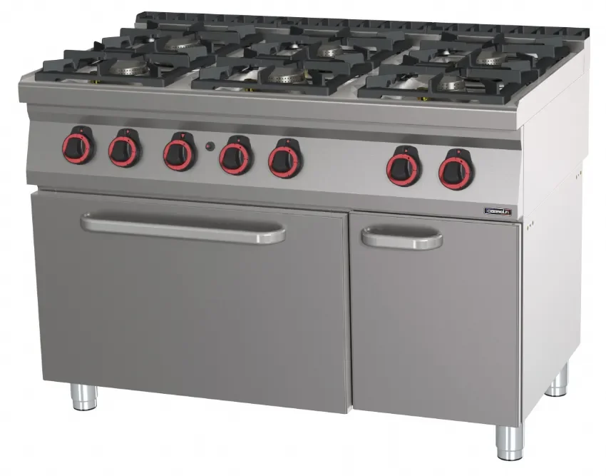 Certifié Fourneau gaz 6 feux 4 x 7 500 w + 2 x 4 500 w avec four gaz gn 2/1