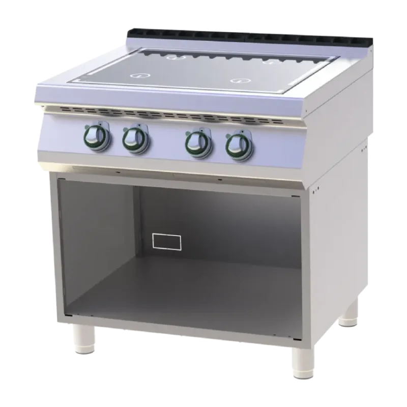 Authentique Cuisinière de restauration pro 4 feux à induction 3,5 kw chacun sur armoire ouverte