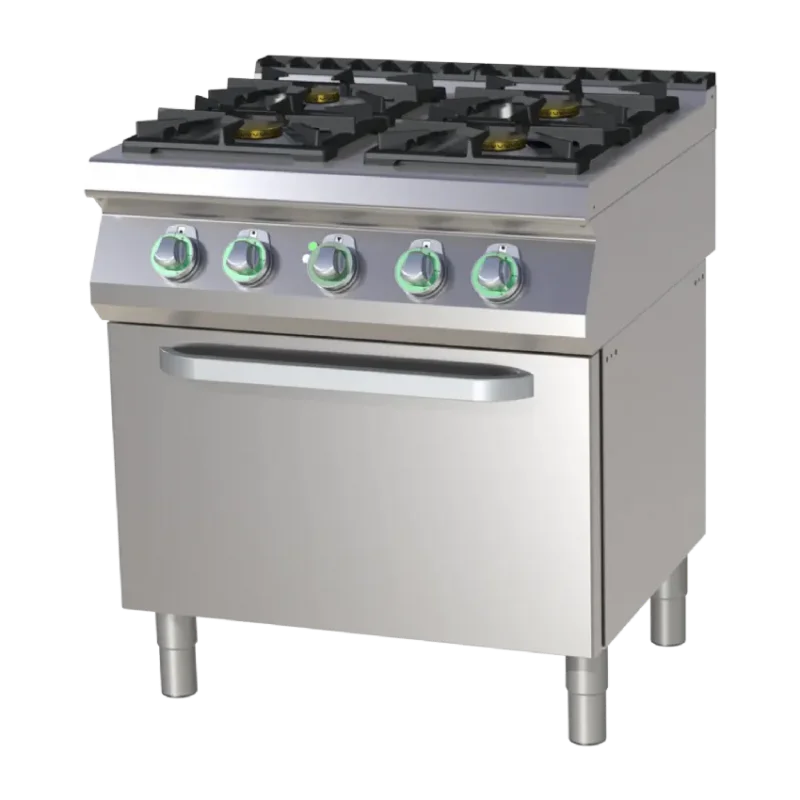 Livraison Express Cuisinière de restauration pro 4 feux 8,5kw dont 1 de 4kw en haut a gauche sur four à air gn1/1