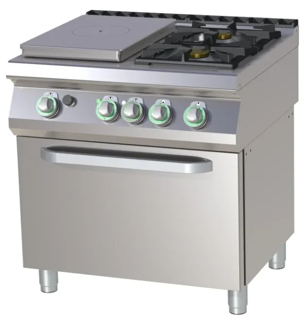 Prix Promo Cuisinière de restauration pro 1 feu coup de feu + 2 feux classiques à gaz sur four électrique statique gn2/1
