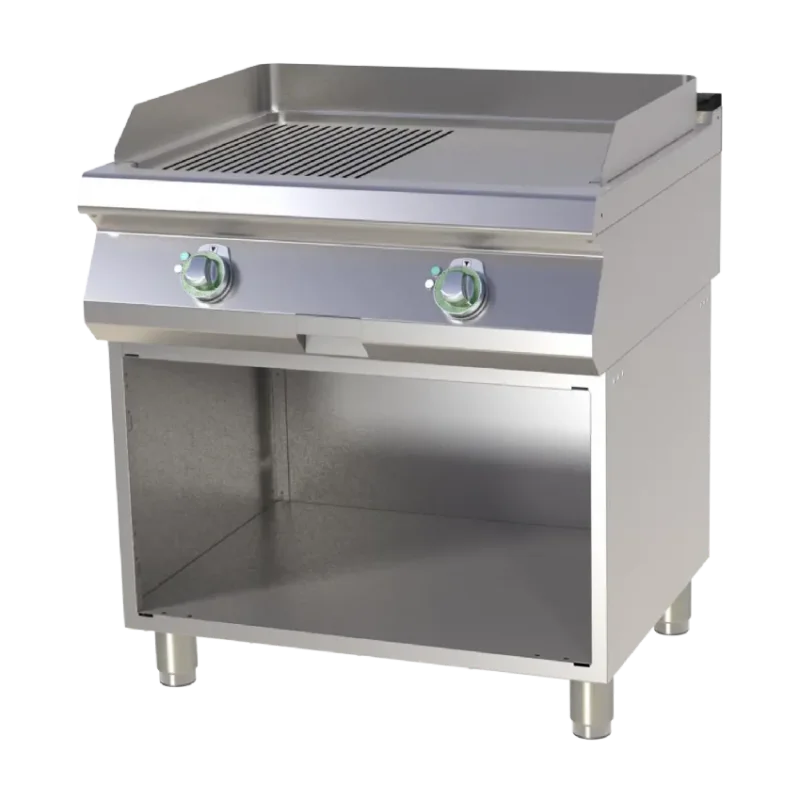 Meilleure Vente Plaque de cuisson professionnelle électrique plaque mi-lisse mi-rainurée chromée 56x77 cm sur armoire ouverte