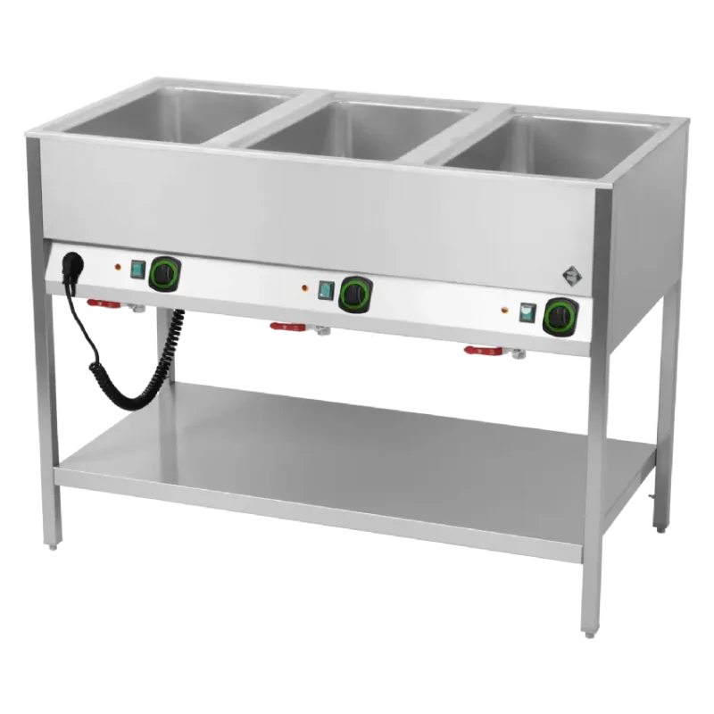 Bain marie stationnaire électrique gn 3-1/1 commande sur le côté long avec étagère basse Prix Réduit