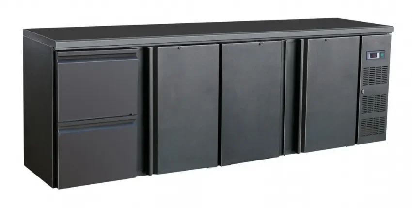 Arrière bar réfrigérée noir 3 portes et 2 tiroirs - 2542x513x860 mm Achetez Aujourd’hui