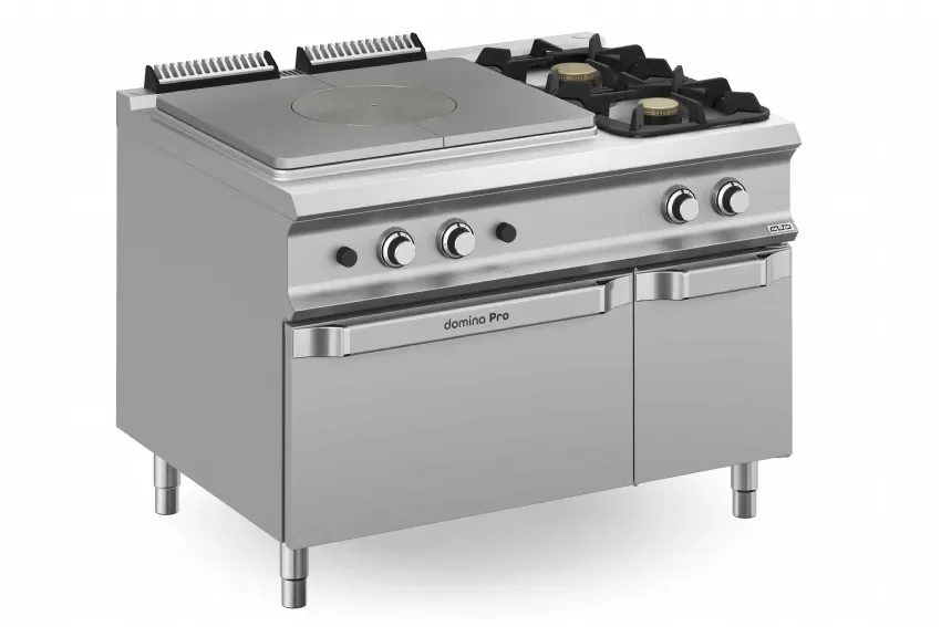 Usine Directe Cuisinière pro à 2 feux vifs avec plaque coup de feu sur four à gaz gn 2/1 équipé de portes - 1200x900x850 mm
