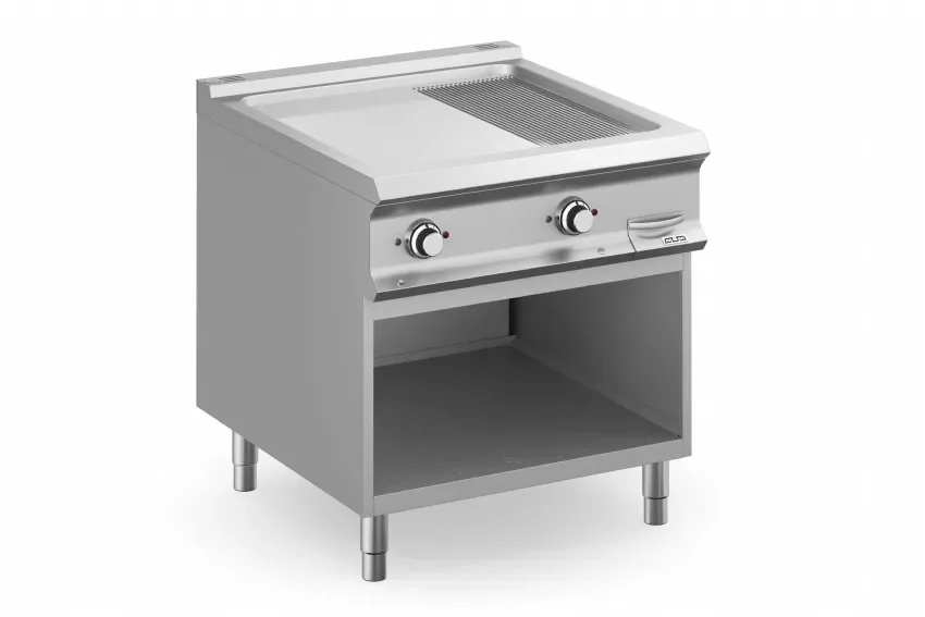 Top Vente Cuisinière professionnelle avec plaque 2/3 lisse chromée 1/3 rainurée sur baie libre - 800x900x850 mm