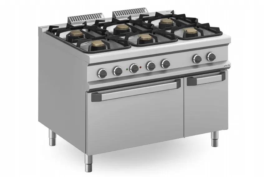 Fourneau gaz de restauration en inox avec 6 feux vifs sur grand four électrique - 1200x900x850 mm Marque