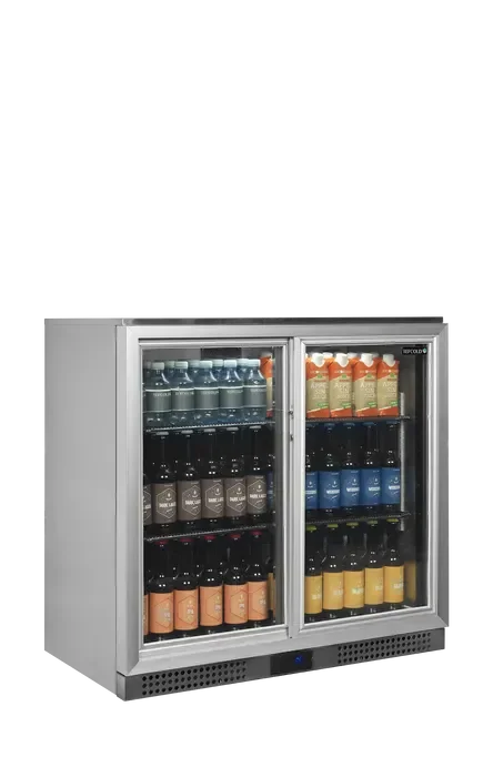 Arrière de bar en inox avec 2 portes vitrées coulissantes - 900x515x870 mm Bon Plan