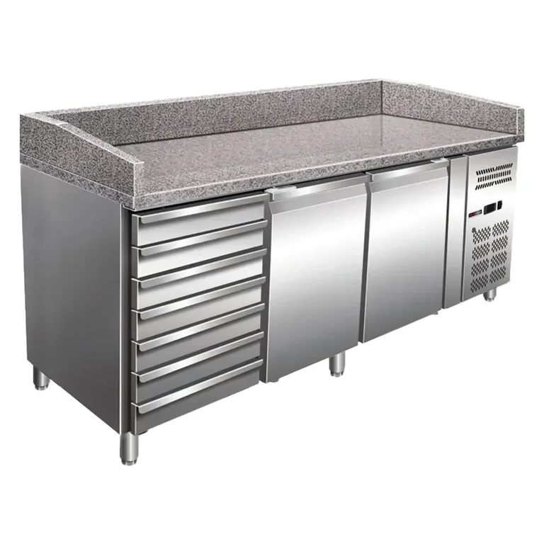 Soldes Table réfrigérée professionnelle positive pizza 2 portes + 7 tirroirs neutres dessus granit