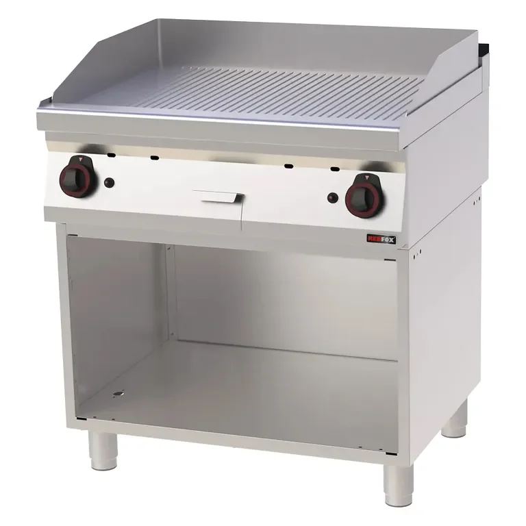Paiement Sécurisé Plaque de cuisson professionnelle 80x51 cm à gaz plaque nervurée sur armoire ouverte