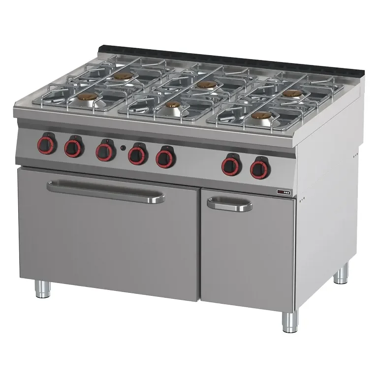 Authentique Fourneau professionnel à gaz 6 feux 4x8kw + 5kw + 3,5kw sur four 2/1