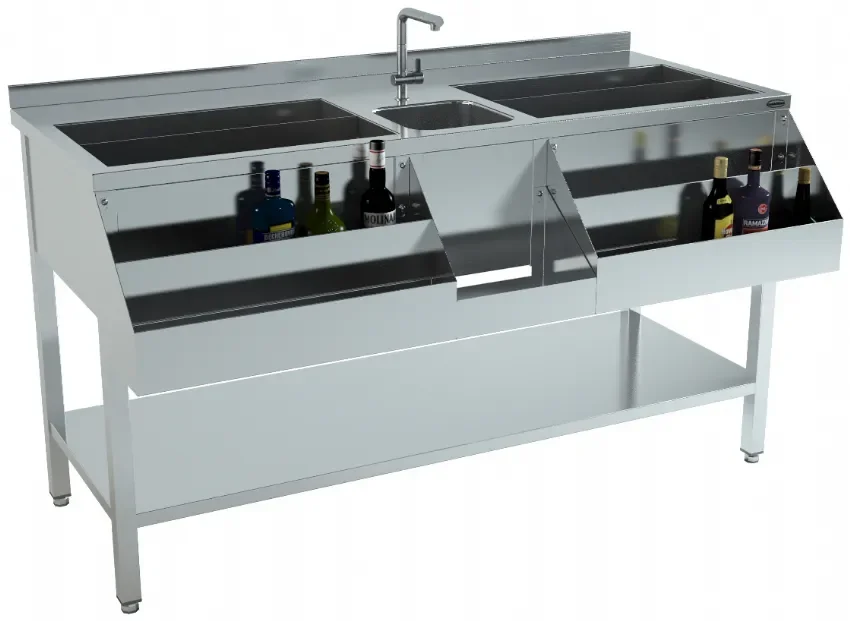 Table à coktails professionnelle avec étagère et evier au centre - 1600x740x900 mm Offre Du Jour