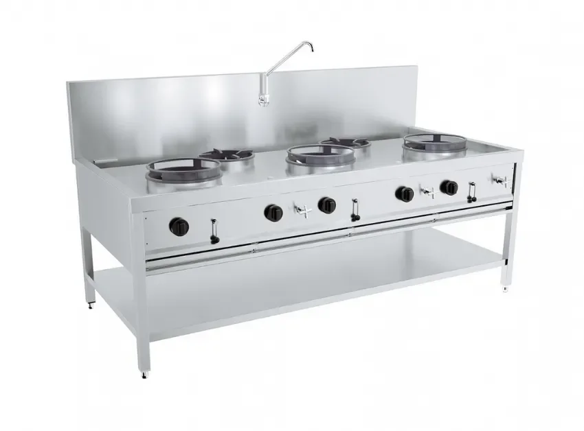 Fourneau wok professionnel à gaz en inox avec 5 feux - 3x 17kw + 2x 9kw Nouveauté
