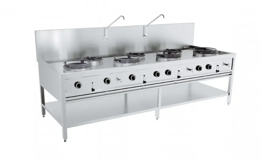Fourneau wok professionnel à gaz en inox avec 7 feux - 4x17 kw + 3x9 kw Promotion Saisonnière