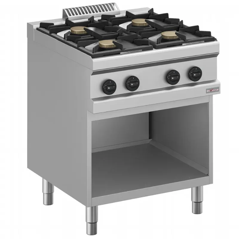 Prix Promo Fourneau gaz professionnel inox 4 brûleurs sur armoire ouverte
