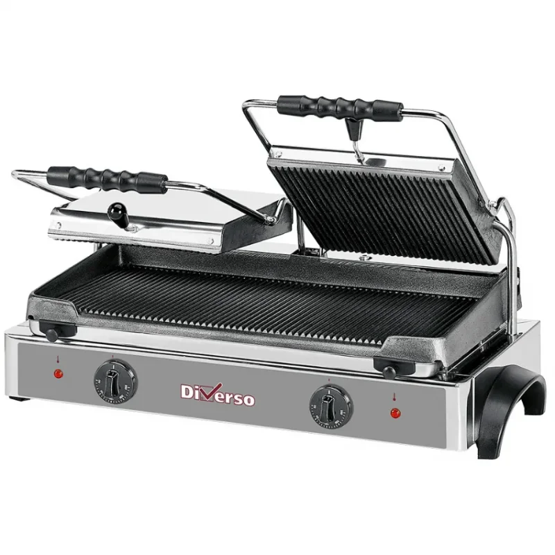 Grill panini électrique professionnel 2 plaques rainurées 550x255 mm Nouvel Arrivage