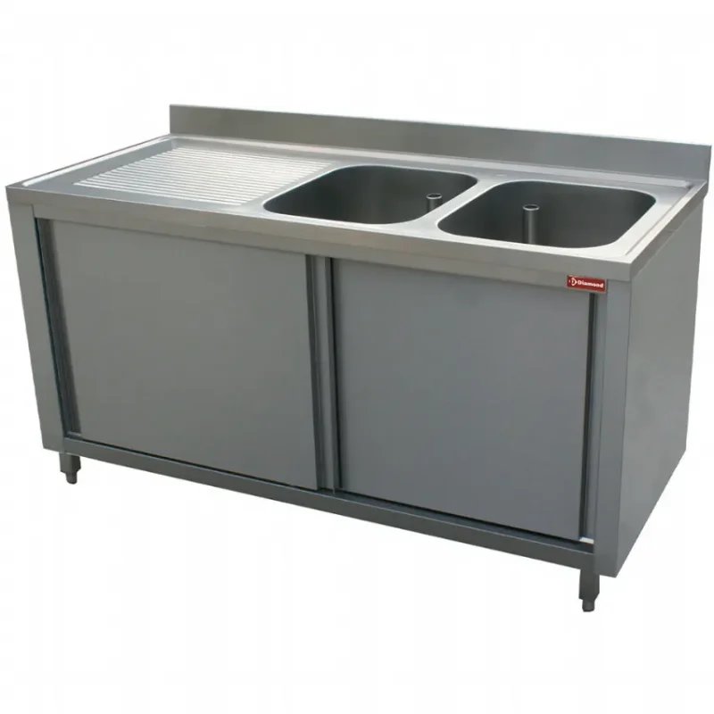 Plonge 2 cuves avec égouttoir gauche sur armoire de 2 portes - 1800x700x880/900 mm Livraison Express
