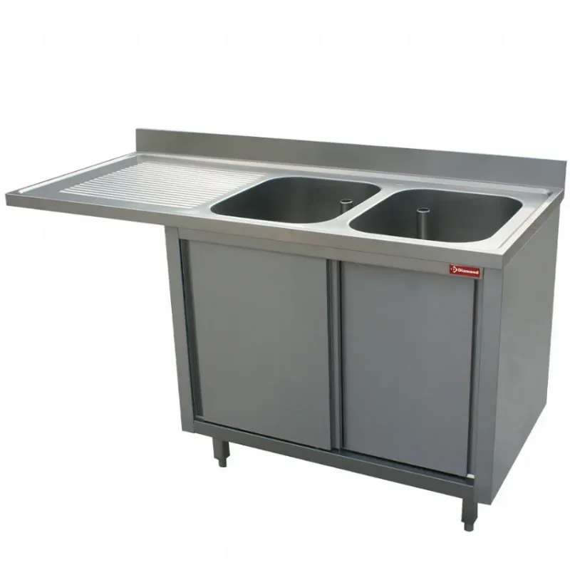 Plonge 2 cuves avec égouttoir gauche sur armoire 2 portes et espace lave vaisselle - 1800x700x880/900 mm Retour Gratuit