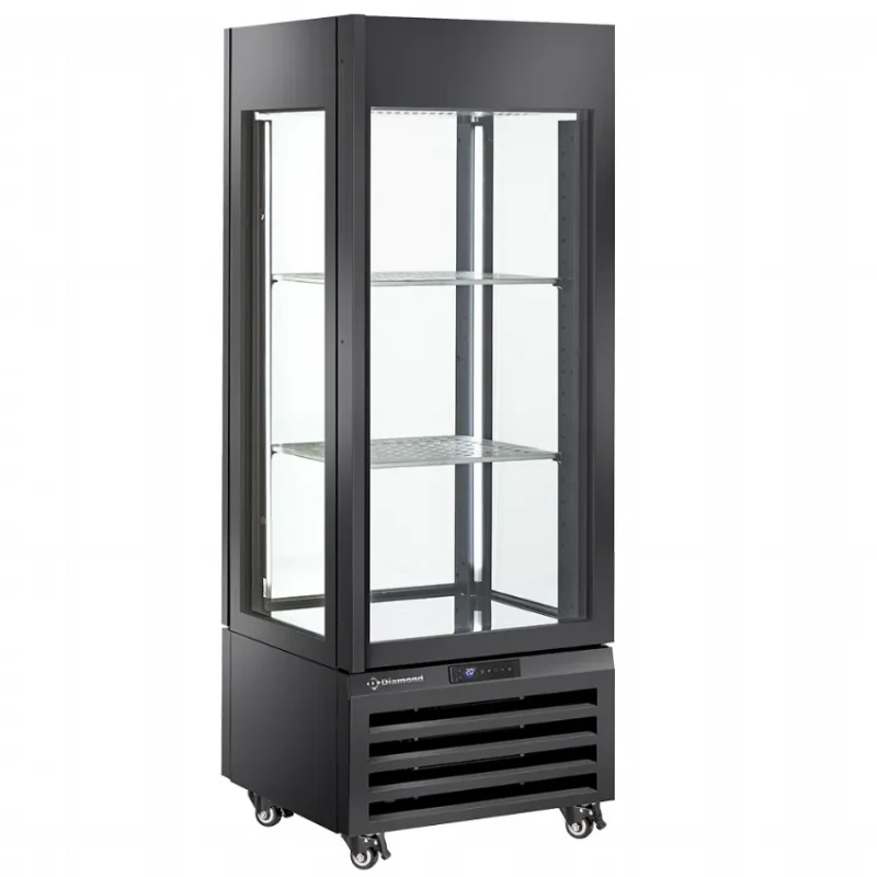 Vitrine panoramique réfrigérée noire avec 1 niveau et 2 étagères - 440 litres Soldes