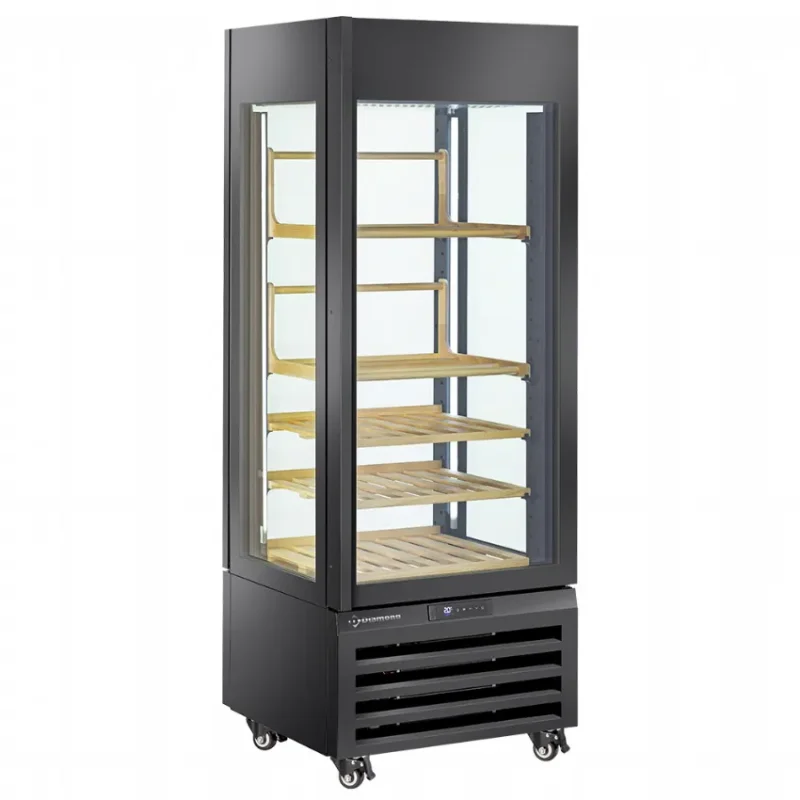 Vitrine 4 faces vitrées noire 440 litres avec 1 niveau et 4 étagères Commander Vite