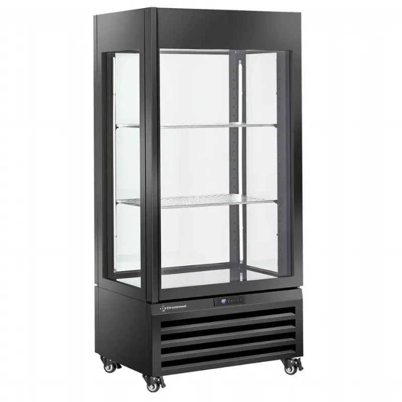 Vitrine réfrigérée panoramique noire 600 litres avec 1 niveau et 2 étagères Prix Choc